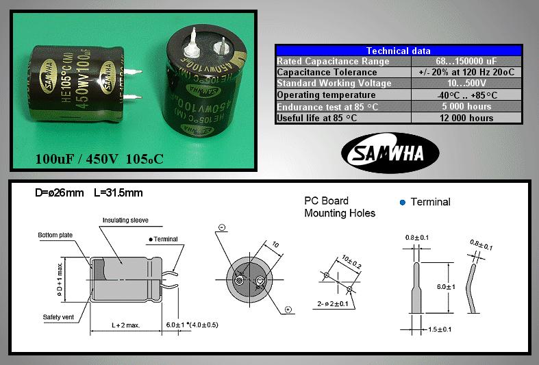 Condensateur électrochimique, 400V, 150uF - 150-400P-105-25X30H